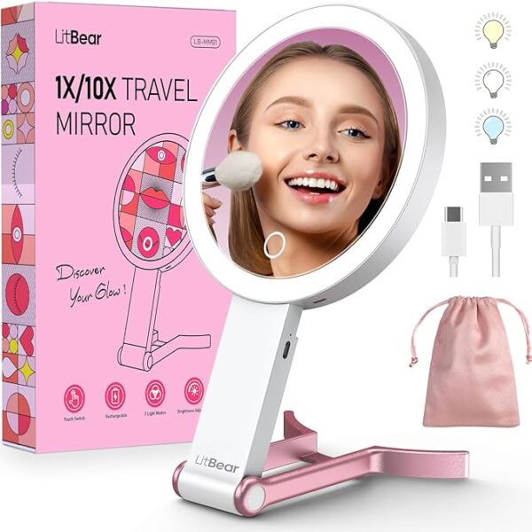 Travel Makeup Mirror with Lights, Rechargeable