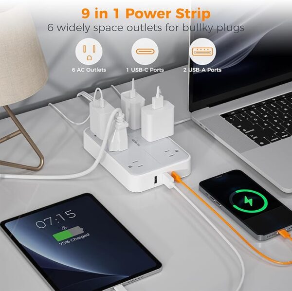 -30%OFF TESSAN Flat Extension Cord 10 FT with Flat Plug Power Strip - Image 2