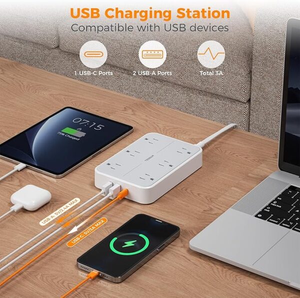 -30%OFF TESSAN Flat Extension Cord 10 FT with Flat Plug Power Strip - Image 3